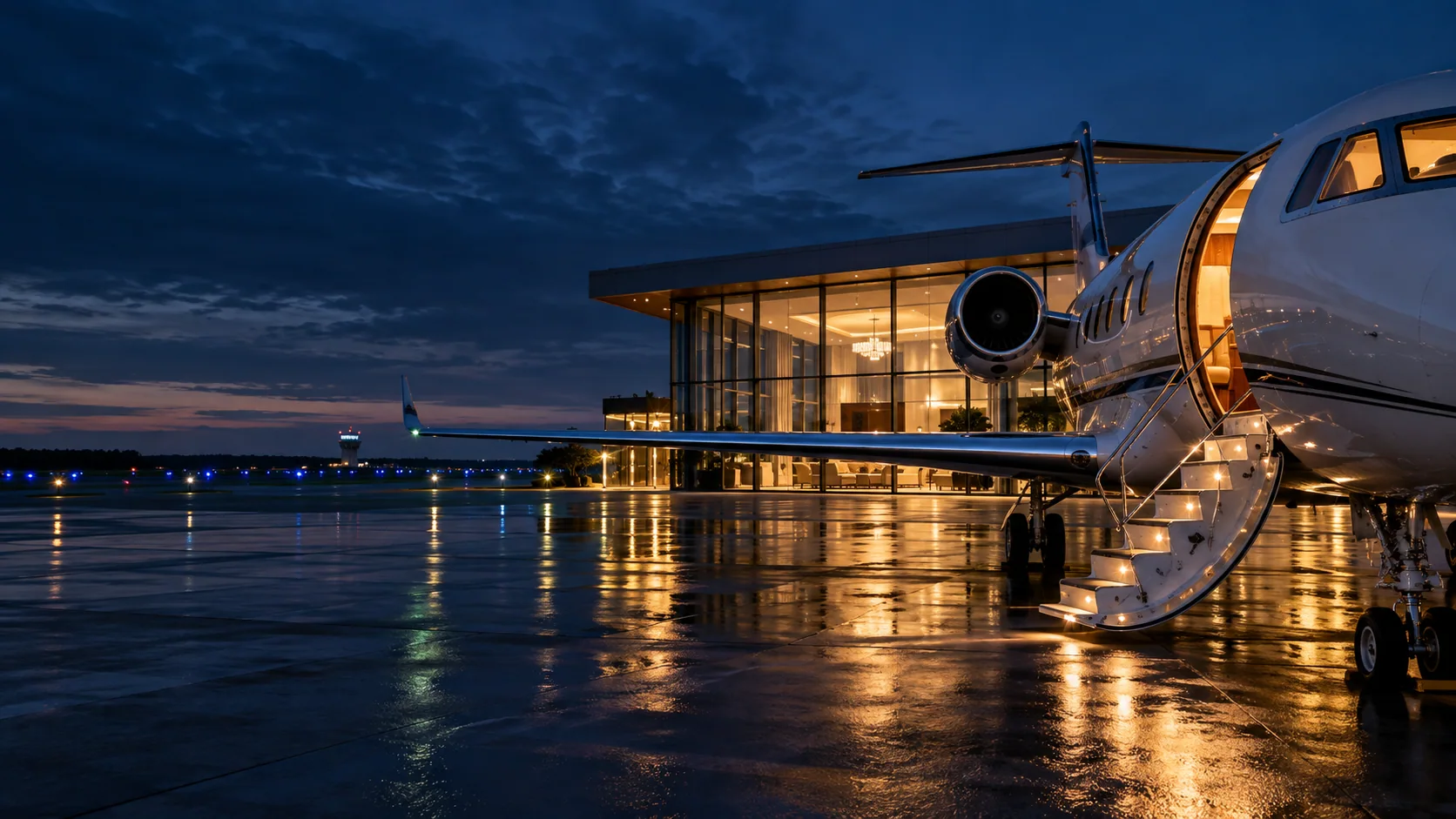 Private aircraft by a business aviation facility