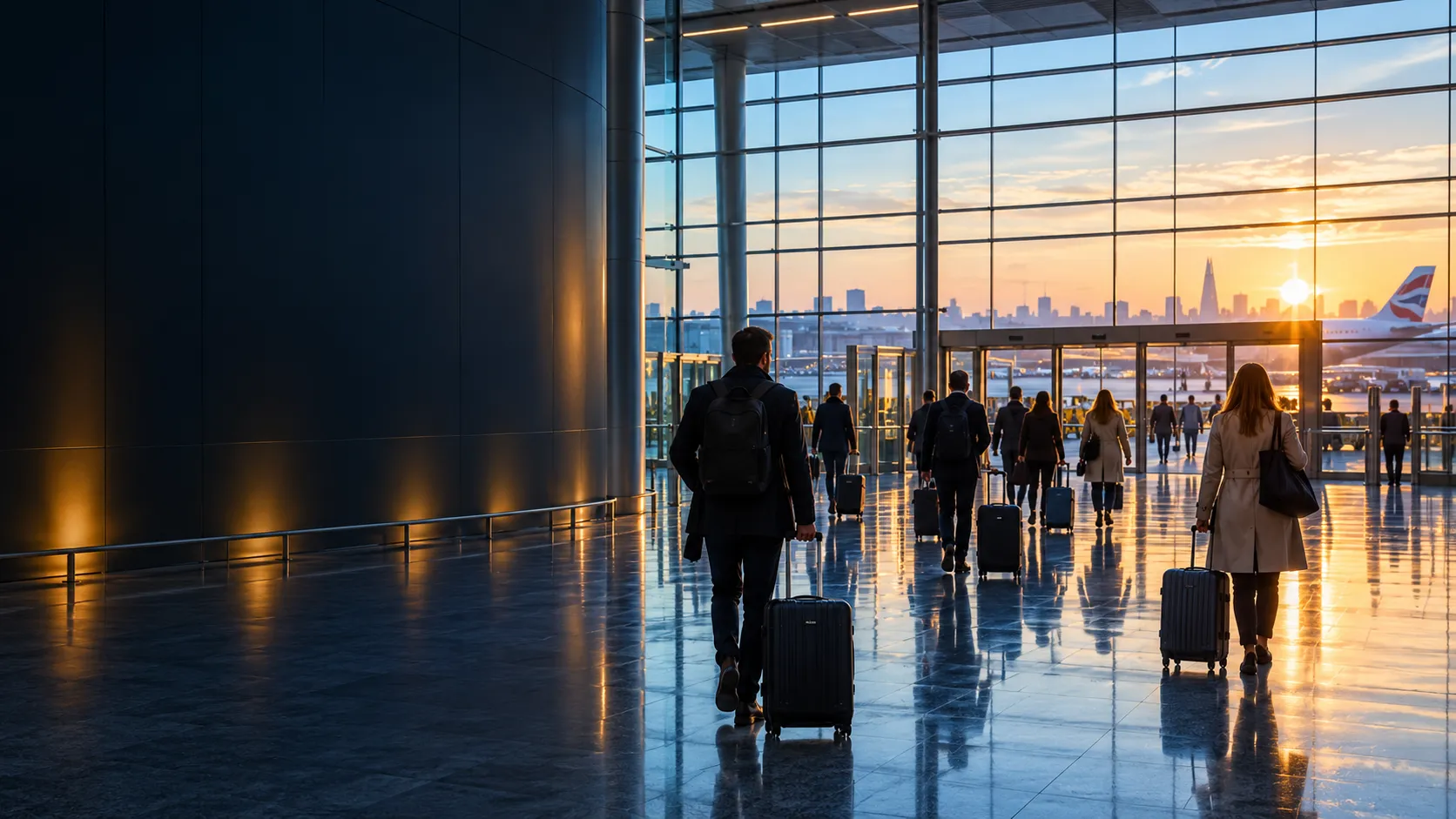 Passengers walking through a London airport arrivals hall