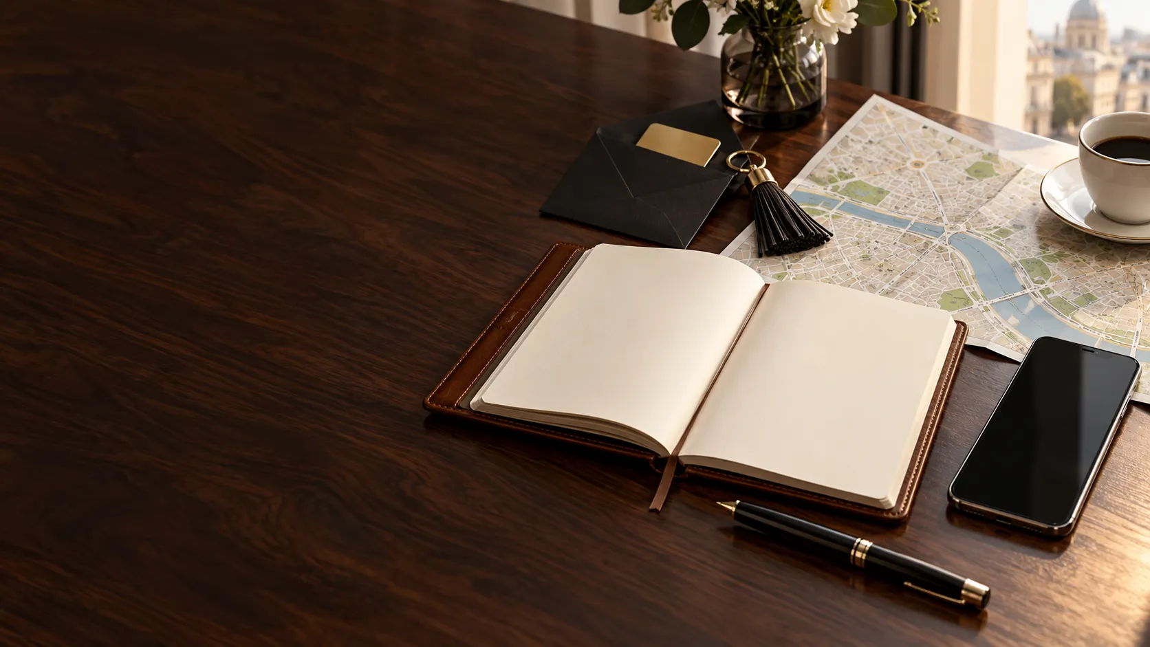 Open notebook and travel planning items on a desk