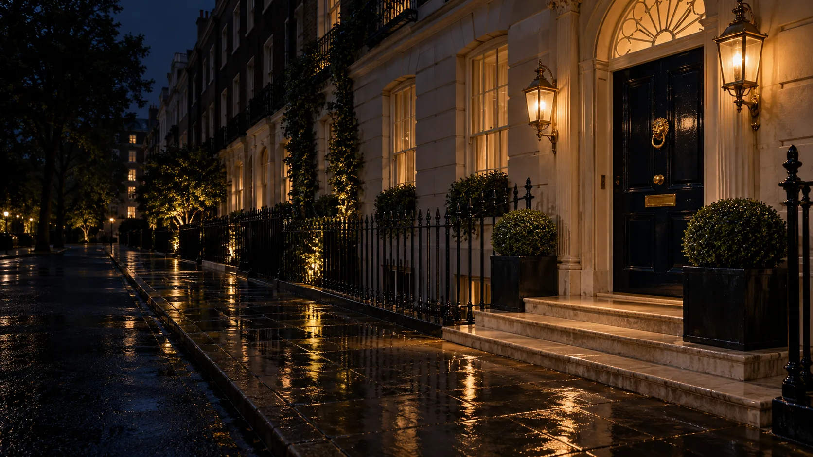 London townhouse entrance on a rainy evening