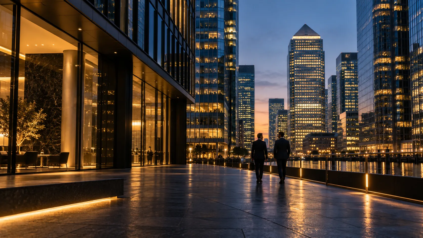 Canary Wharf business district at blue hour