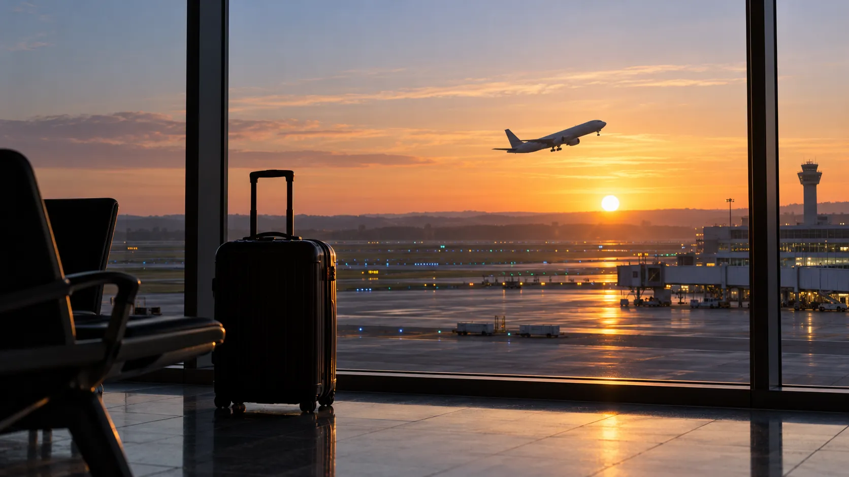 Illustrative aircraft takeoff seen from an airport terminal at sunrise