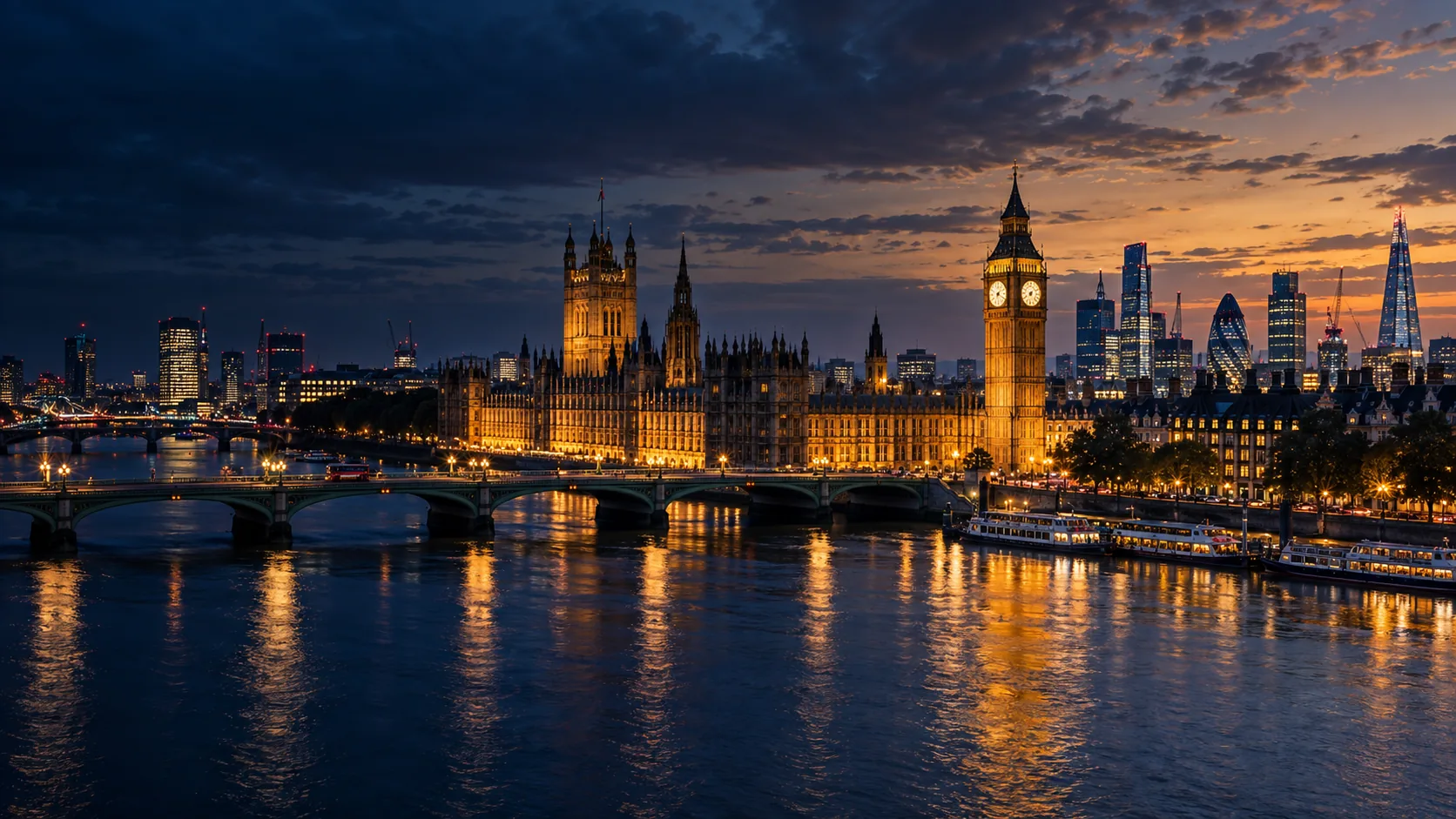 Westminster and the River Thames illuminated at blue hour