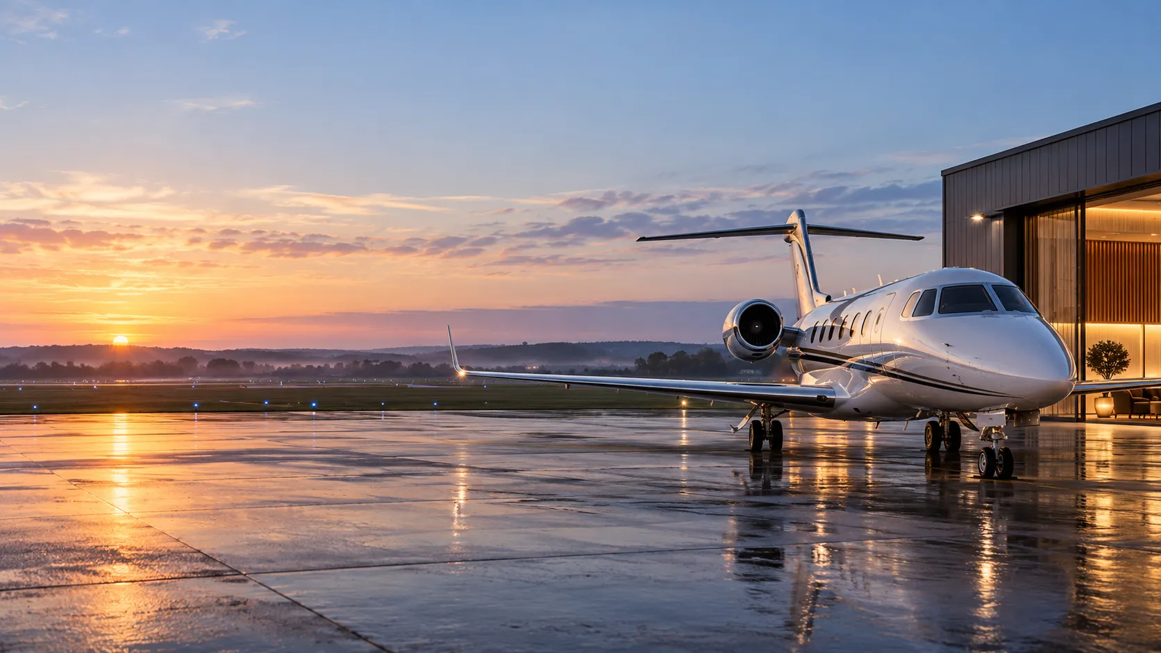 Private aircraft outside a business aviation terminal at sunrise