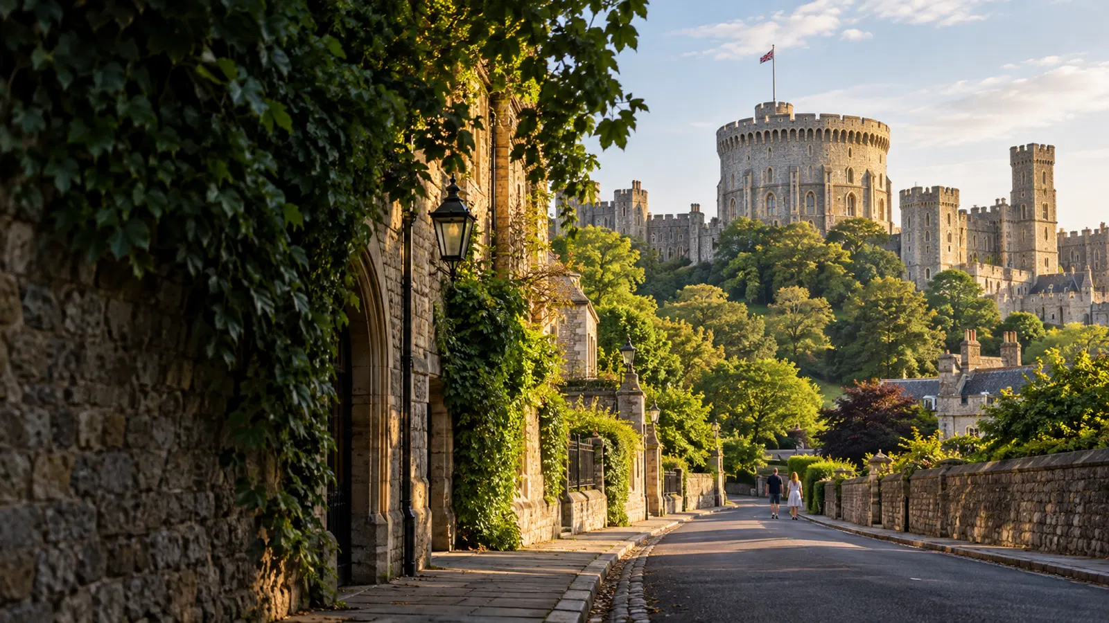 Illustrative English castle and leafy approach in morning light