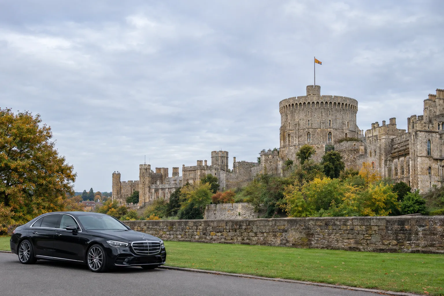 Windsor Castle’s historic stone walls and Round Tower viewed from outside the Castle.