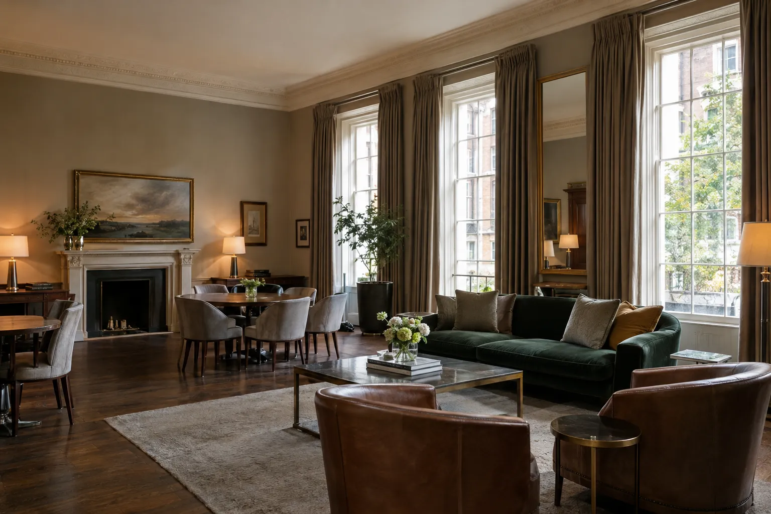 A refined London townhouse club interior with a lounge and dining space