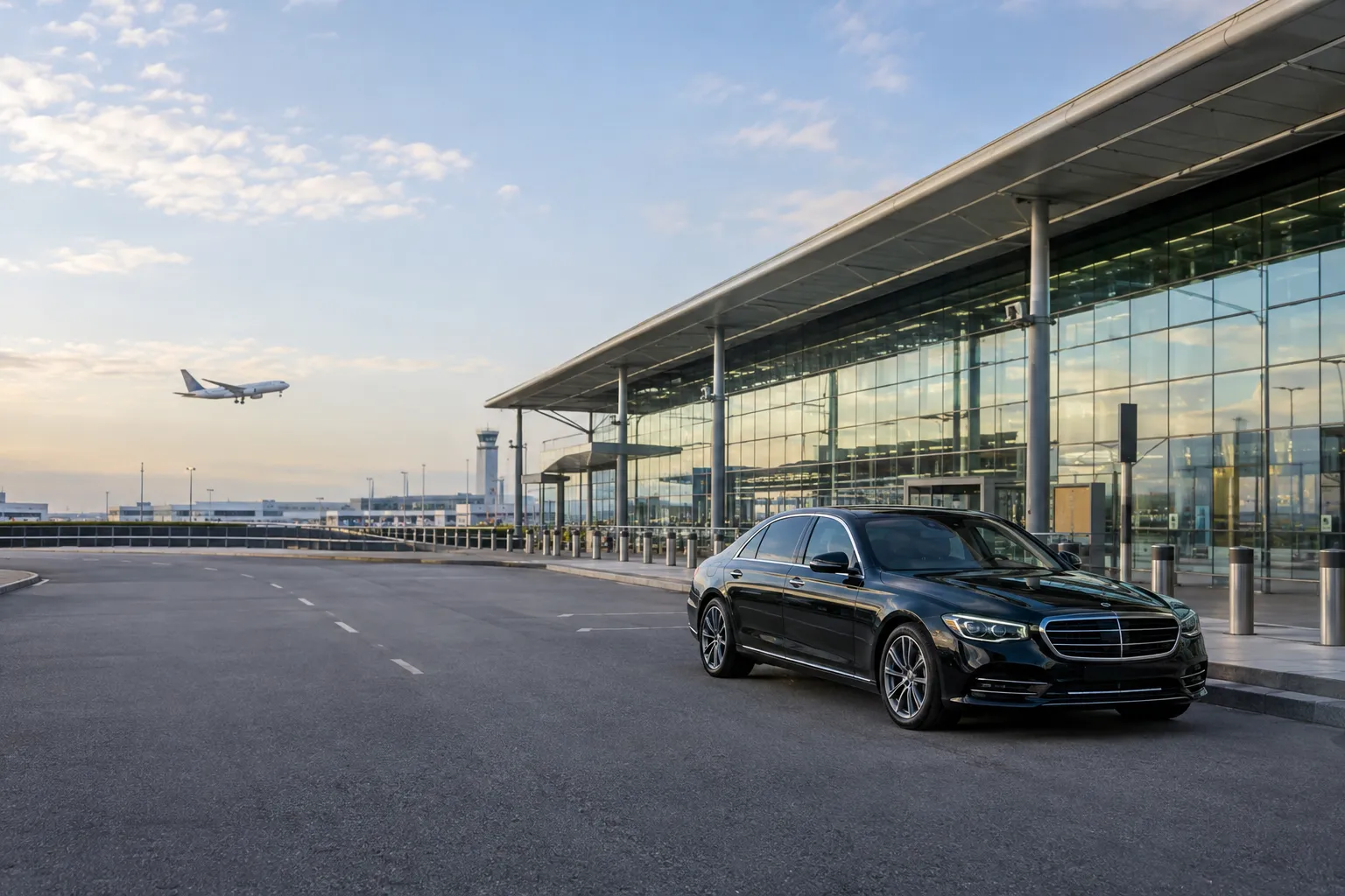 Heathrow Airport terminal exterior in daylight, illustrating a private-car airport journey.