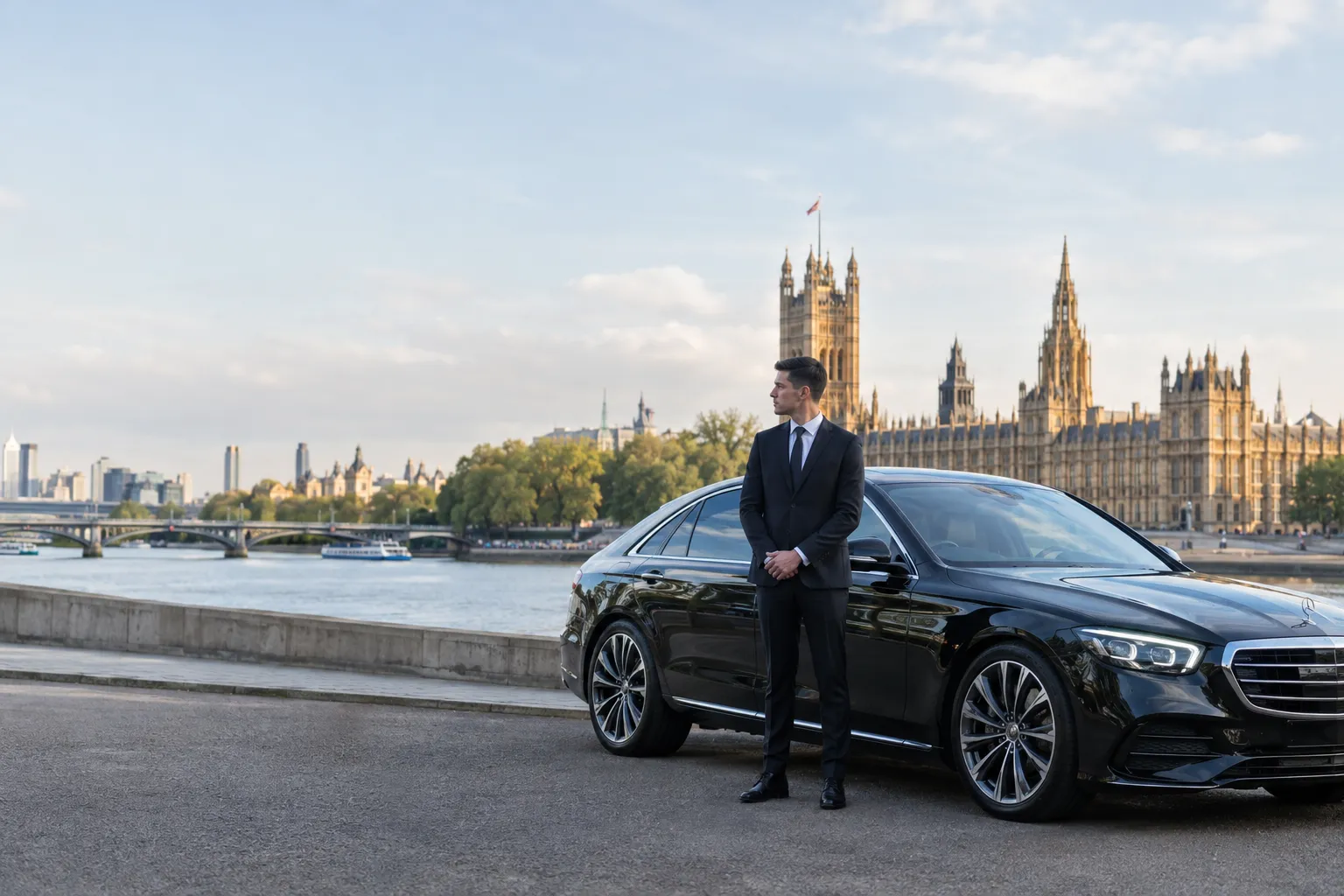 A professional chauffeur beside a passenger car, illustrating the role of a driver in pre-arranged passenger transport.