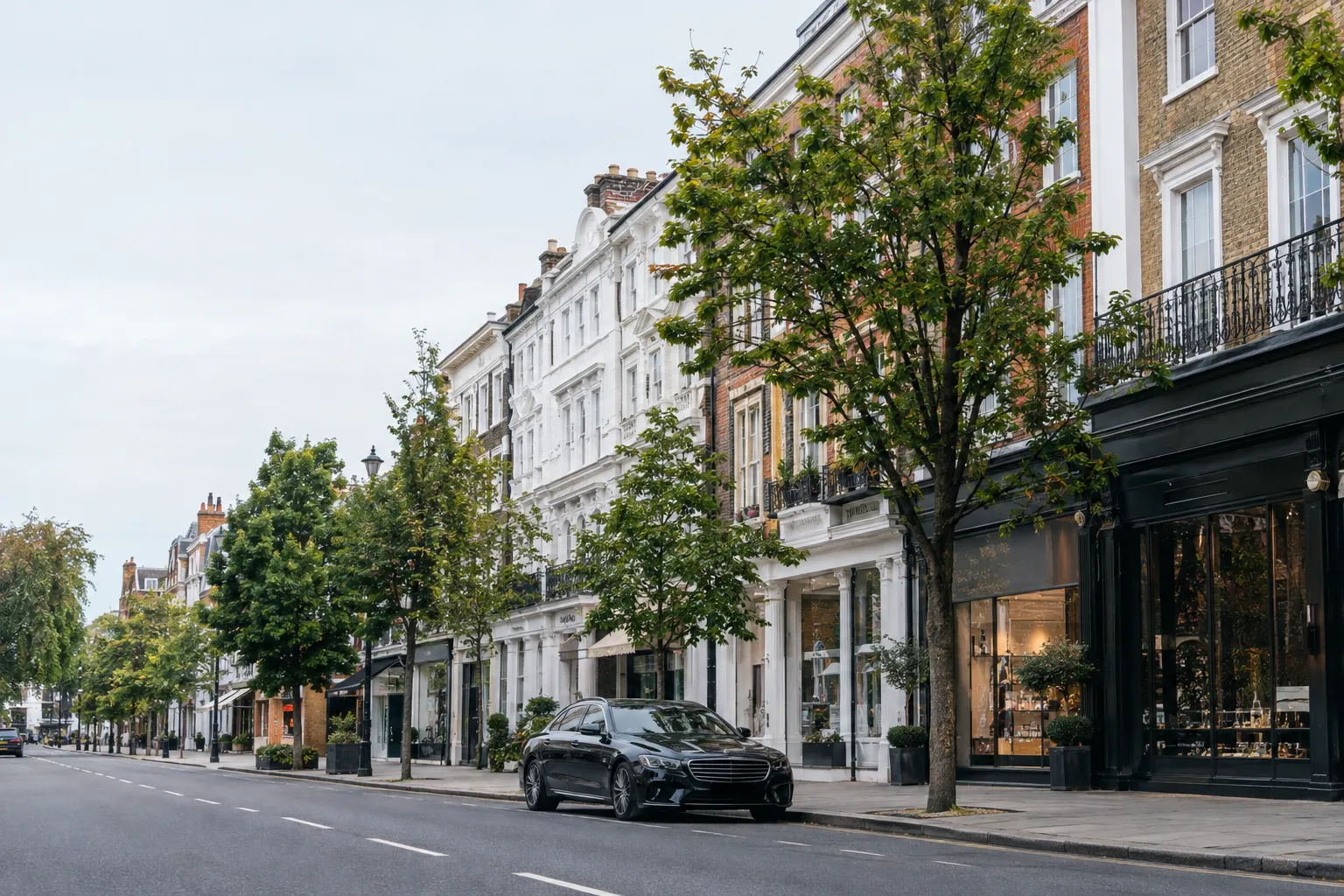 Leafy street scene on King’s Road in Chelsea, London