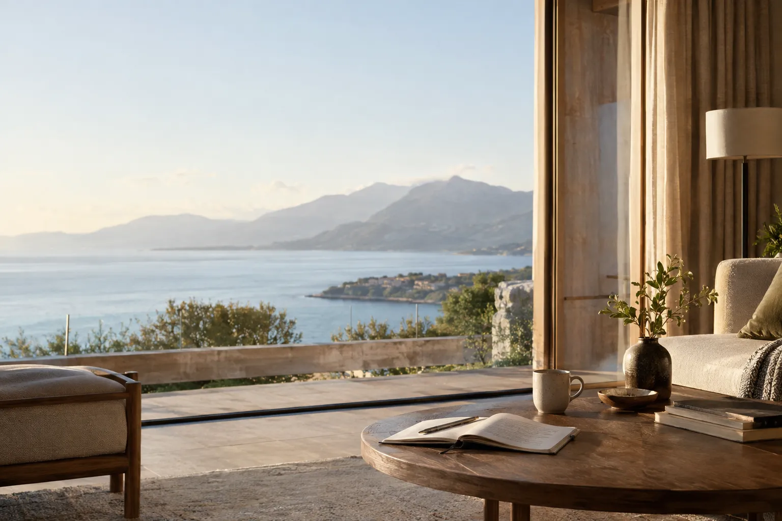 A calm, naturally lit travel interior with tactile materials and a view onto a quiet landscape.