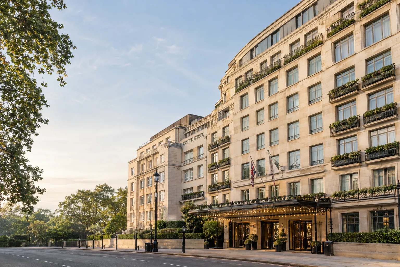 The Dorchester hotel façade on Park Lane in Mayfair, London.