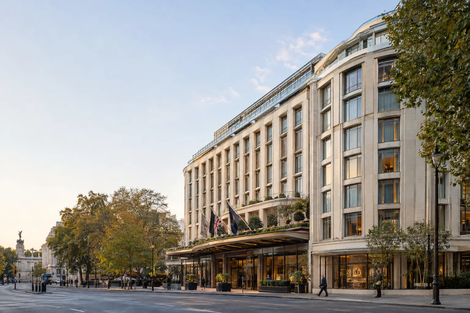 The Peninsula London hotel beside Hyde Park Corner in Belgravia, with the London urban landscape visible around it.