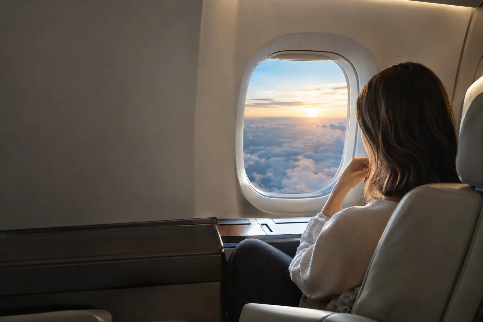 A traveller resting beside an aircraft window in a calm cabin, illustrating the psychological dimensions of comfort in premium travel.