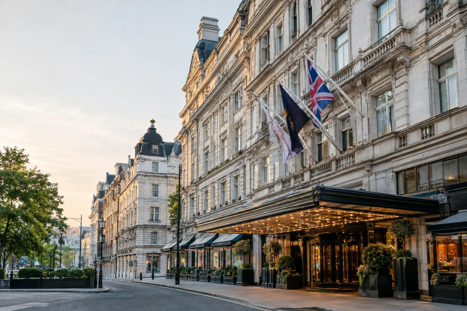 The Savoy Hotel’s Strand façade in London, with the Thames-side setting nearby.